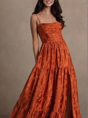 Azazie Rust Orange Satin Tiered Corset Maxi Dress Sz 16